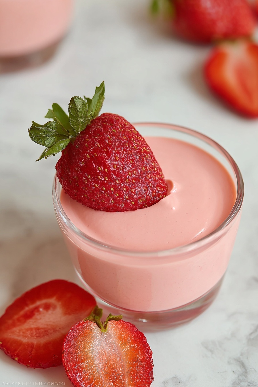 A clear glass cup holds a smooth, creamy pink layer of strawberry mousse, topped with a whole fresh red strawberry with green leaves. Around the cup, slices of bright red strawberry are placed on a white marbled surface. The mousse layer is even and thick, filling the cup almost to the top. Photo taken with an iphone --ar 2:3 --v 7 - Creamy Greek Yogurt Strawberry Jello, strawberry yogurt dessert, easy healthy fruit jello, quick strawberry gelatin treat, homemade strawberry yogurt treat