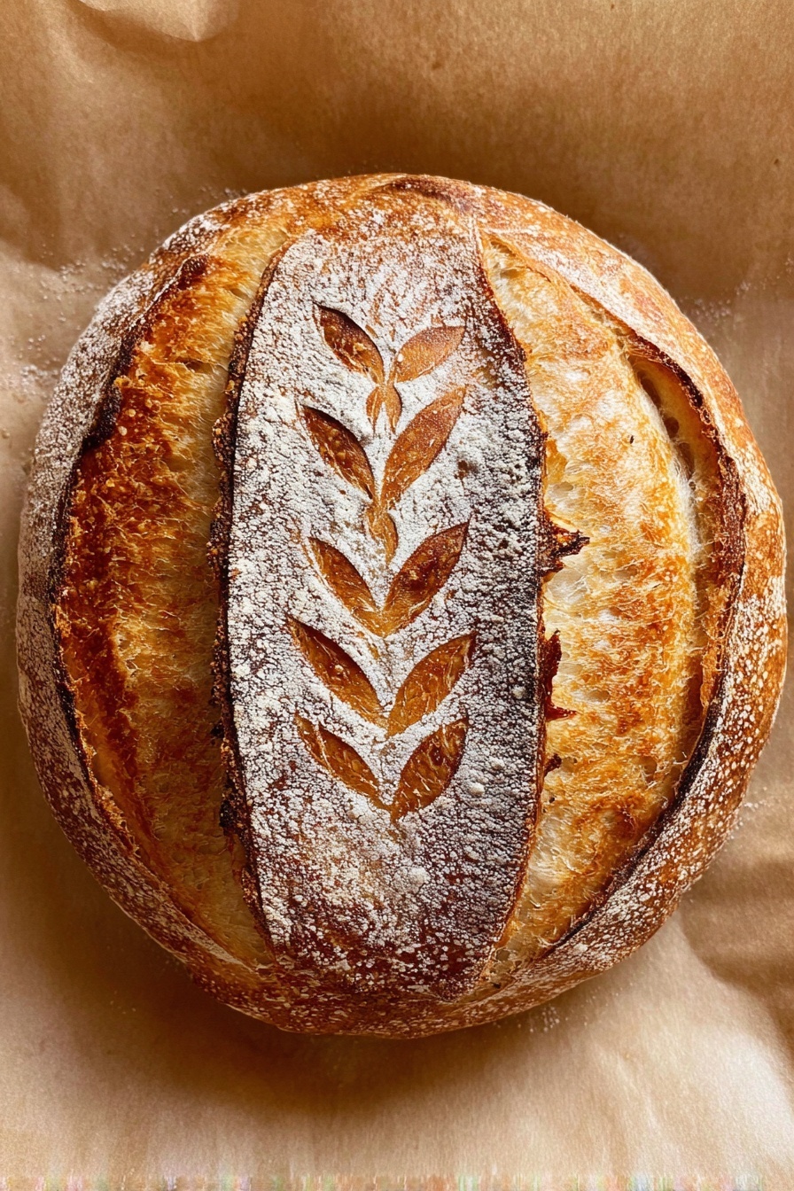 A round loaf of bread with a golden brown crust sits on crumpled beige parchment paper inside a white pot. The bread has two long oval cuts on top that show its light, airy inside. Around these cuts, small leaf patterns are scored into the crust, which is dusted with white flour, adding texture and detail. The surface of the bread is shiny and crisp with darker and lighter shades of brown, showing it is well baked. The background is a white marbled texture. photo taken with an iphone --ar 2:3 --v 7 - Overnight Sourdough Bread, sourdough bread recipe, how to make sourdough bread, homemade sourdough, easy sourdough baking