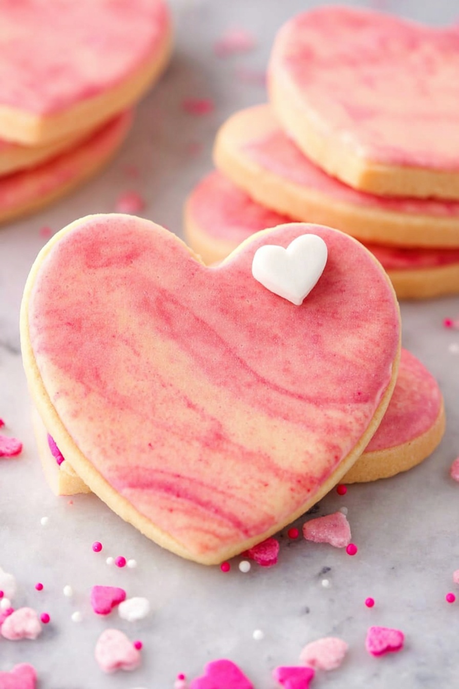 The image shows several heart-shaped cookies with a smooth, pale pink coating that has subtle darker pink speckles all over. The cookies are stacked and also scattered on a white marbled surface. The texture of the coating looks soft and matte with a slight sheen, giving the cookies a delicate appearance. Some round cookies with the same pink color are visible in the foreground, one of which has a small pink heart-shaped decoration on top. The background is bright and softly blurred, emphasizing the cookies in the front. photo taken with an iphone --ar 2:3 --v 7 - Pink White Chocolate Fudge, white chocolate fudge, pink fudge recipe, easy white chocolate fudge, homemade pink fudge