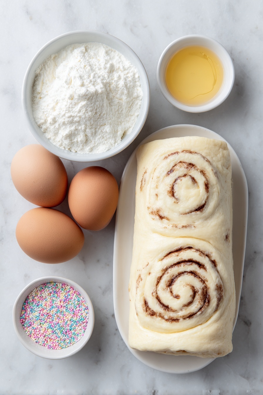 Flat lay of a small mound of pale beige raw cinnamon roll dough, soft and slightly floured, a few colorful round sprinkles scattered beside it, a small white ceramic bowl filled with smooth white icing, placed on a clean white marble surface, soft natural light, photo taken with an iPhone, professional food photography style, fresh ingredients, white ceramic bowls, no bottles, no duplicates, no utensils, no packaging --ar 2:3 --v 7 --p m7354615311229779997 - Heart-Shaped Cinnamon Rolls, cinnamon rolls recipe, breakfast brunch ideas, cute cinnamon roll recipes, easy holiday treats