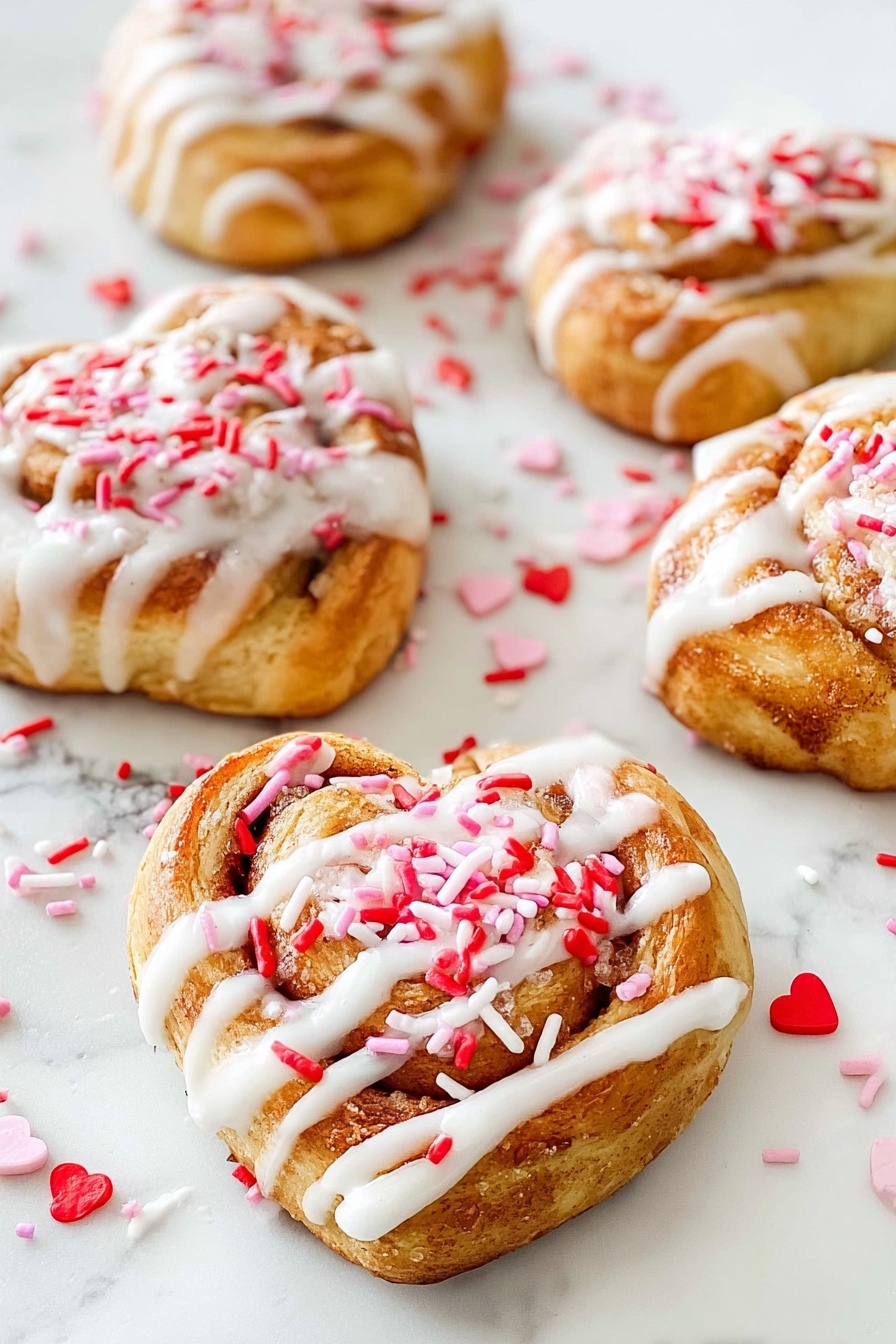 The image shows soft, golden-brown cinnamon rolls with white icing drizzled thickly on top. On the icing, there are red, pink, and white heart-shaped and sprinkle decorations scattered around, adding a festive look. The rolls have visible layers of swirled dough inside, showing a light fluffy inside with cinnamon filling. One roll in the front has a piece pulled off, showing its soft interior. The rolls are placed on a white marbled textured surface. photo taken with an iphone --ar 2:3 --v 7 - Heart-Shaped Cinnamon Rolls, cinnamon rolls recipe, breakfast brunch ideas, cute cinnamon roll recipes, easy holiday treats
