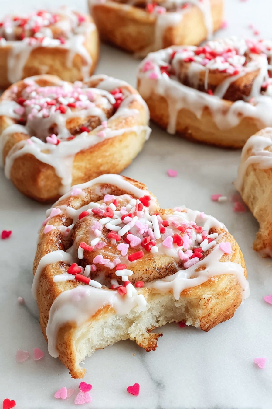 A heart-shaped cookie with a golden-brown base is decorated with white icing drizzled across its top in thin, uneven lines. The cookie is sprinkled generously with red, pink, and white sprinkles, which include small hearts, rods, and dots scattered both on the cookie and around it on a white marbled surface. The texture of the cookie looks soft with slight ridges, and the overall scene is bright and clean. Photo taken with an iphone --ar 2:3 --v 7 - Heart-Shaped Cinnamon Rolls, cinnamon rolls recipe, breakfast brunch ideas, cute cinnamon roll recipes, easy holiday treats