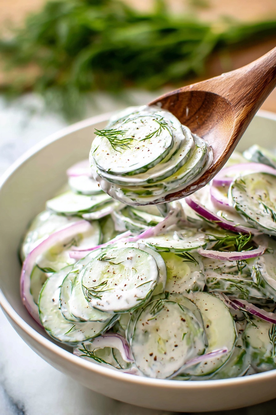 A white bowl filled with creamy cucumber salad shows thin round cucumber slices coated in white creamy dressing with green dill sprinkled on top, mixed with thin light purple onion strips, all layered evenly inside the bowl. A wooden spoon holds several layered slices of cucumber and onion, lifted from the bowl, with flecks of black pepper and dill visible on the salad. The background features a blurred green herb and a white marbled surface photo taken with an iphone --ar 2:3 --v 7 - Creamy Cucumber Salad, cucumber salad, easy cucumber side dish, healthy cucumber salad, refreshing cucumber salad