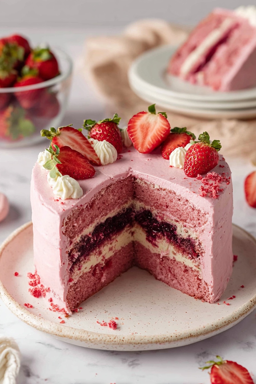A round, single-layer pink strawberry cake sits on a white marbled surface. The cake's smooth pink frosting covers the top fully, decorated with whole and halved fresh strawberries placed around the edge in a circular pattern. Small white cream dollops are piped between the strawberries, with tiny pieces of freeze-dried strawberries sprinkled lightly as garnish. Several loose whole and halved strawberries are scattered around the cake on the white marbled surface. Photo taken with an iphone --ar 2:3 --v 7 - Vegan Strawberry Cake, vegan strawberry dessert, easy vegan cake, fruit-based vegan cake, plant-based strawberry treat