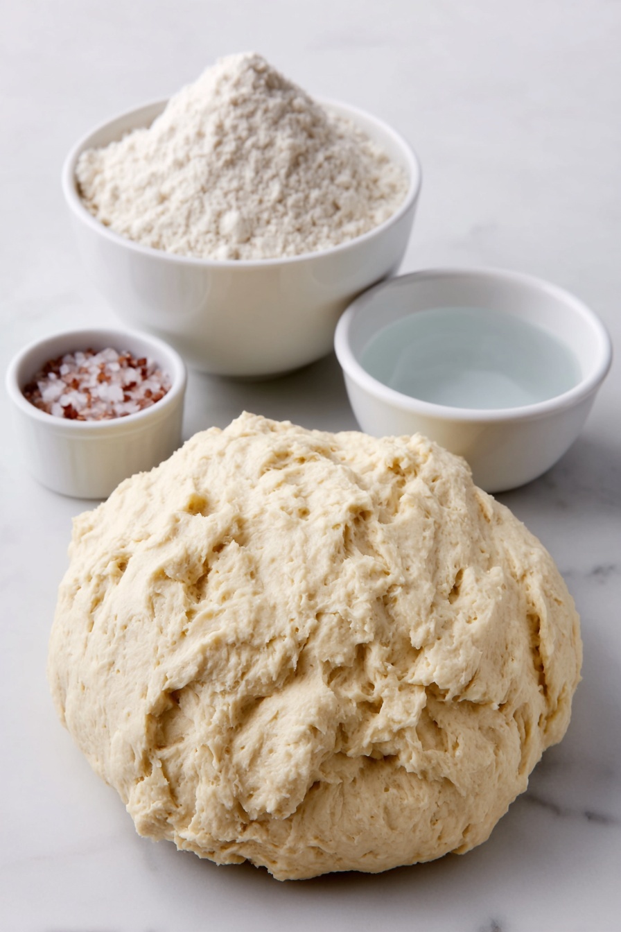 Flat lay of a small mound of natural sourdough starter with a bubbly texture, a heaping pile of fine all-purpose flour, a small white ceramic bowl filled with coarse salt crystals, a small white ceramic bowl containing clear water, each ingredient fresh and natural, arranged with perfect symmetry and realistic proportions, placed on a clean white marble surface, soft natural light, photo taken with an iPhone, professional food photography style, fresh ingredients, white ceramic bowls, no bottles, no duplicates, no utensils, no packaging --ar 2:3 --v 7 --p m7354615311229779997 - Overnight Sourdough Bread, sourdough bread recipe, how to make sourdough bread, homemade sourdough, easy sourdough baking