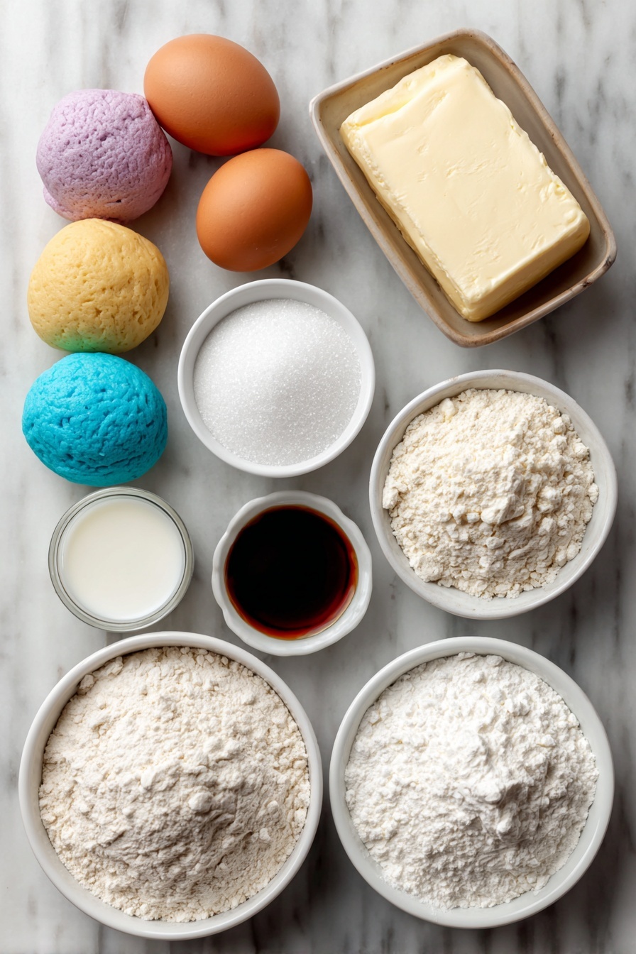 Flat lay of a few smooth balls of pastel-colored dough in soft pink, yellow, green, blue, and purple hues, a small mound of soft unsalted butter, two whole large eggs with clean shells, a small white ceramic bowl of granulated sugar, a small white ceramic bowl of all-purpose flour, a small white ceramic bowl of powdered sugar, a small white ceramic bowl of milk, and a small white ceramic bowl of vanilla extract, all arranged symmetrically on a clean white marble surface, soft natural light, photo taken with an iPhone, professional food photography style, fresh ingredients, white ceramic bowls, no bottles, no duplicates, no utensils, no packaging --ar 2:3 --v 7 --p m7354615311229779997 - Pastel Sugar Cookie Sandwiches, colorful sugar cookies, vanilla filling cookie sandwiches, soft tender cookie recipe, easy pastel cookies