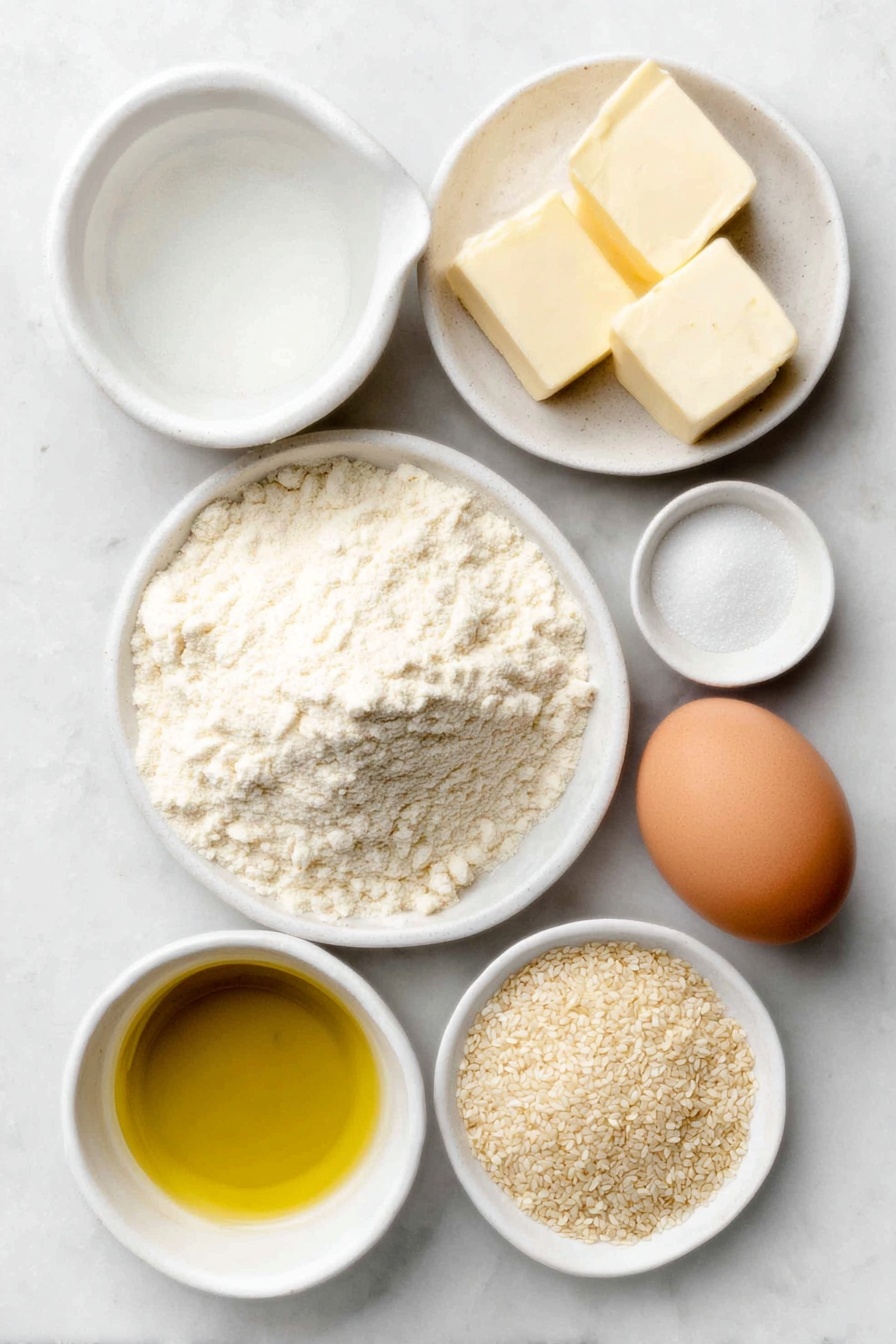 Flat lay of a small mound of all purpose flour on a simple white ceramic plate, a small white bowl with clear water, a small white bowl filled with granulated white sugar, a few pats of soft unsalted butter, a small white bowl of golden vegetable oil, one heap of fine instant yeast powder on a white ceramic dish, one large whole brown egg with a clean shell, a small white bowl containing fine white table salt, a small white bowl with melted unsalted butter, a small white bowl holding a raw whole egg, a small white bowl with clear water, and a small pile of sesame seeds on a white ceramic plate, arranged in perfect symmetry and natural proportions, all ingredients fresh and natural, placed on a clean white marble surface, soft natural light, photo taken with an iPhone, professional food photography style, fresh ingredients, white ceramic bowls, no bottles, no duplicates, no utensils, no packaging --ar 2:3 --v 7 --p m7354615311229779997 - Homemade Hamburger Buns, soft fluffy burger buns, DIY burger buns, bakery-style hamburger buns, easy homemade burger buns