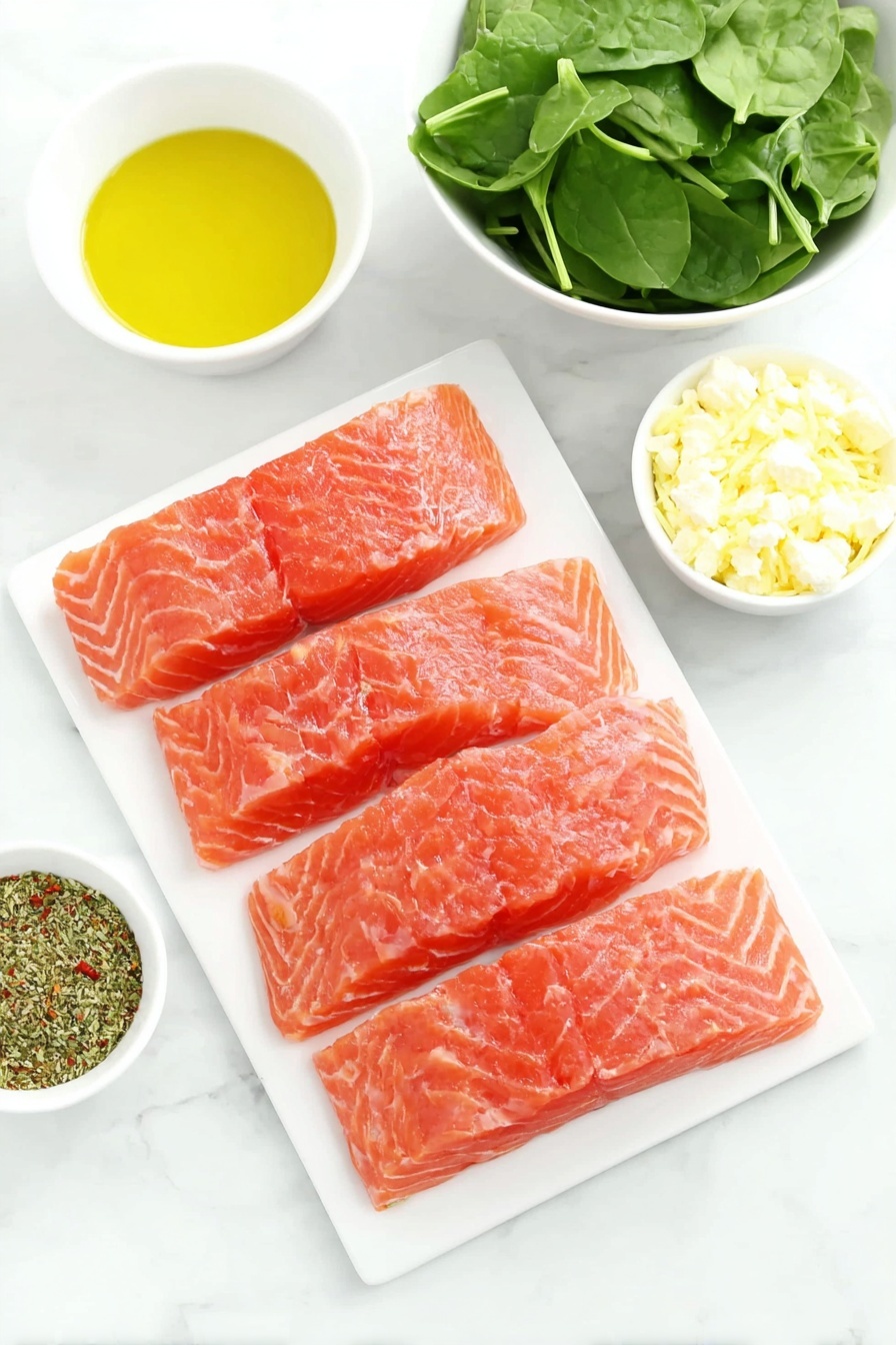 Flat lay of four long, fresh pieces of raw salmon fillet with bright pink flesh, a small white ceramic bowl of golden olive oil, a pile of fresh green baby spinach leaves, a block of crumbly white feta cheese, a small white bowl filled with chopped roasted red peppers, a small white bowl holding finely grated pale yellow parmesan cheese, and a white ceramic bowl with a fragrant mix of dried Italian herbs and bright reddish paprika powder, placed on a clean white marble surface, soft natural light, photo taken with an iPhone, professional food photography style, fresh ingredients, white ceramic bowls, no bottles, no duplicates, no utensils, no packaging --ar 2:3 --v 7 --p m7354615311229779997 - Stuffed Salmon with Spinach and Feta, baked salmon with feta and spinach, easy stuffed salmon recipe, healthy salmon dinner, gourmet salmon ideas