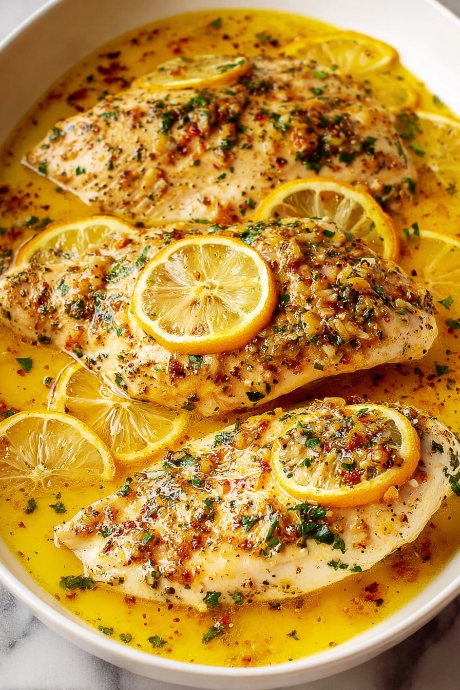 The image shows a white oval dish filled with four pieces of cooked chicken. Each piece has a golden brown color with small bits of minced garlic and green herbs sprinkled on top. There are thin slices of bright yellow lemon placed on and around the chicken. The dish is filled with a light yellow sauce that looks oily and seasoned with small herb flakes. The background is a white marbled texture. photo taken with an iphone --ar 2:3 --v 7 - Garlic Butter Baked Tilapia, baked tilapia recipes, quick fish dinner, healthy seafood recipes, easy fish dishes