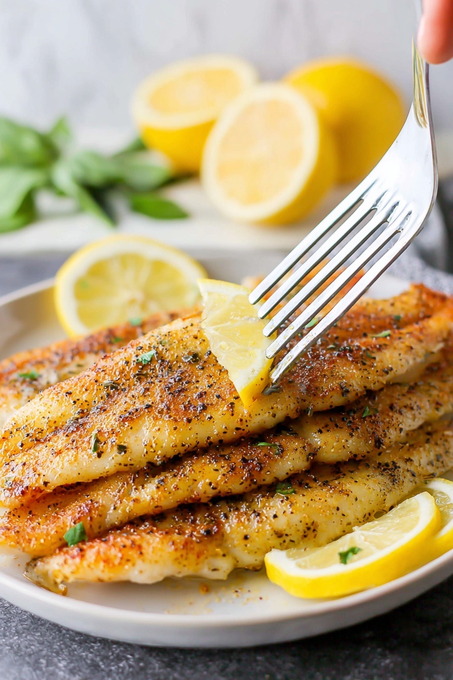 The image shows a white plate with three cooked fish fillets stacked on top of each other. Each fillet is golden brown with a slightly crispy texture, sprinkled evenly with black pepper and herbs. There are thin lemon slices placed between the fillets and on top as decoration. A metal spatula is lifting the top fillet, held by a woman's hand. The background features a white marbled texture with out-of-focus lemon halves and green herb leaves for color contrast. Photo taken with an iphone --ar 2:3 --v 7 - Air Fryer Tilapia, healthy tilapia recipes, quick fish dinner, easy air fryer fish, crispy tilapia fillet