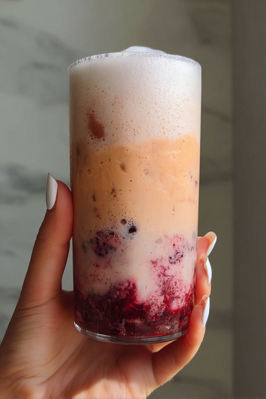 A clear glass filled with a creamy pink drink with small dark pieces inside, topped with a layer of thick white foam that almost reaches the rim. The glass is held by a woman's hand with white painted nails in the bottom right corner. In the background, there is another similar glass with a straw, two red soda cans, and a small white bowl with dark red cherries, all placed on a white marbled surface with a blurred vase holding green and brown flowers and a lit gray candle behind. photo taken with an iphone --ar 2:3 --v 7 - Cherry Soda with Vanilla Cold Foam, cherry soda with vanilla foam, vanilla cold foam drinks, fizzy cherry beverage, homemade cherry soda