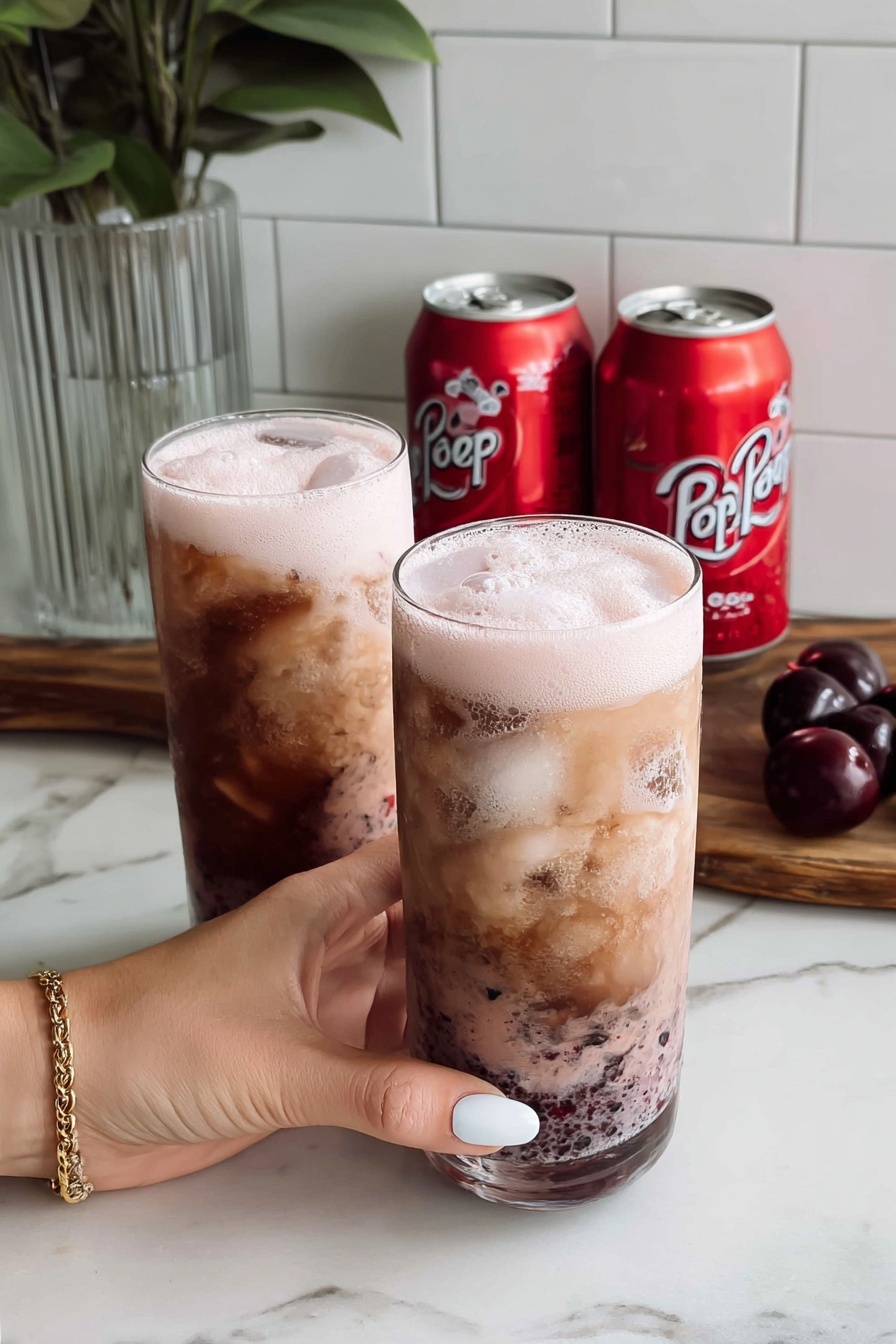 A tall clear glass filled with a three-layer iced drink is shown being held by a woman's hand with white nail polish. The bottom layer is a mix of dark red and purple crushed berries with a rough texture. Above that is a thick, light orange layer that looks creamy and smooth, with small bits of berries floating inside. The top layer is a thick white foam with bubbles at the rim of the glass. The background is a white marbled texture. Photo taken with an iphone --ar 2:3 --v 7 - Cherry Soda with Vanilla Cold Foam, cherry soda with vanilla foam, vanilla cold foam drinks, fizzy cherry beverage, homemade cherry soda