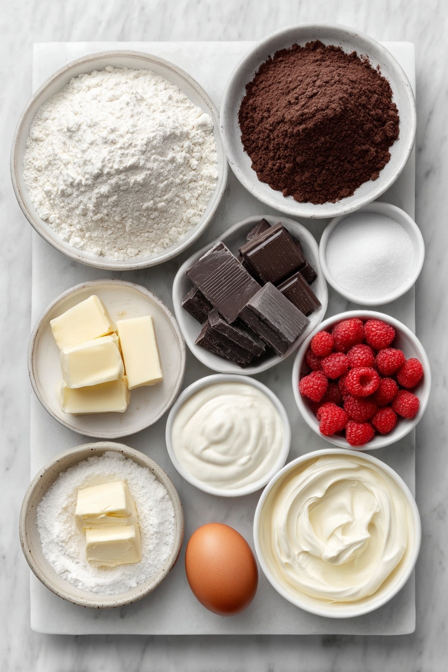 Flat lay of a small mound of all-purpose flour next to a small pile of rich, dark Dutch process cocoa powder, a small heap of fine white granulated sugar, soft pale yellow unsalted butter chunk, a whole brown egg and a separate whole egg yolk on a white ceramic plate, a small white ceramic bowl of smooth sour cream, a small white ceramic bowl with whole milk, a small pile of fine white powdered sugar, a small pile of crushed freeze-dried raspberries with vibrant red color, a small white ceramic bowl filled with deep red raspberry preserves, a collection of chopped semi-sweet dark chocolate pieces, a small white ceramic bowl of heavy cream, a pinch of coarse salt atop a white ceramic dish, and a scattering of fresh bright red raspberries — all ingredients fresh and natural, perfectly arranged with balanced layout and perfect symmetry, placed on a clean white marble surface, soft natural light, photo taken with an iPhone, professional food photography style, fresh ingredients, white ceramic bowls, no bottles, no duplicates, no utensils, no packaging --ar 2:3 --v 7 --p m7354615311229779997 - Chocolate Raspberry Cupcakes, Chocolate Raspberry Cupcakes Recipe, Fudgy Chocolate Raspberry Cupcakes, Easy Raspberry Chocolate Cupcakes, Valentine's Day Cupcakes