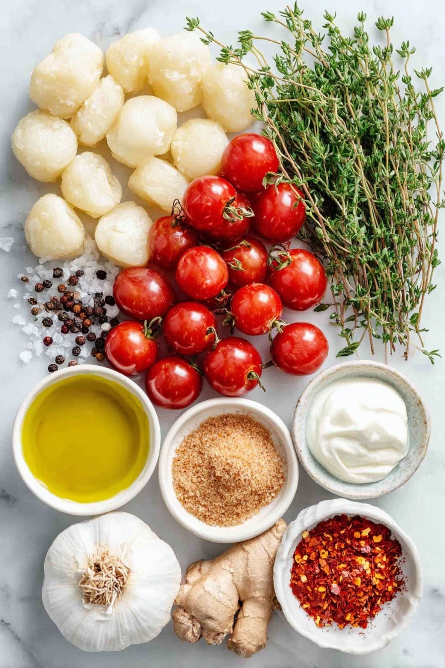 Flat lay of fresh red grape and cherry tomatoes with stems removed, two medium shallots thinly sliced, ten whole uncracked garlic cloves, a small pile of coarse sea salt crystals, cracked black peppercorns, a small heap of smoked paprika powder, a small heap of cayenne pepper powder, a piece of fresh ginger root with grated ginger next to it, a small mound of light brown coconut sugar, four sprigs of fresh green thyme with stems removed, a small white ceramic bowl of golden extra virgin olive oil, a portion of fresh potato gnocchi, a whole uncut small lemon beside a small white bowl of fresh lemon juice, a small bunch of loosely packed fresh green basil leaves, a small white bowl of creamy full-fat coconut cream, and a pinch of red chili flakes scattered artistically, all arranged symmetrically and balanced on a clean white marble surface, soft natural light, photo taken with an iPhone, professional food photography style, fresh ingredients, white ceramic bowls, no bottles, no duplicates, no utensils, no packaging --ar 2:3 --v 7 --p m7354615311229779997 - Creamy Roasted Tomato Gnocchi, roasted tomato pasta, vegan creamy gnocchi, tomato and coconut sauce, easy vegan gnocchi recipe