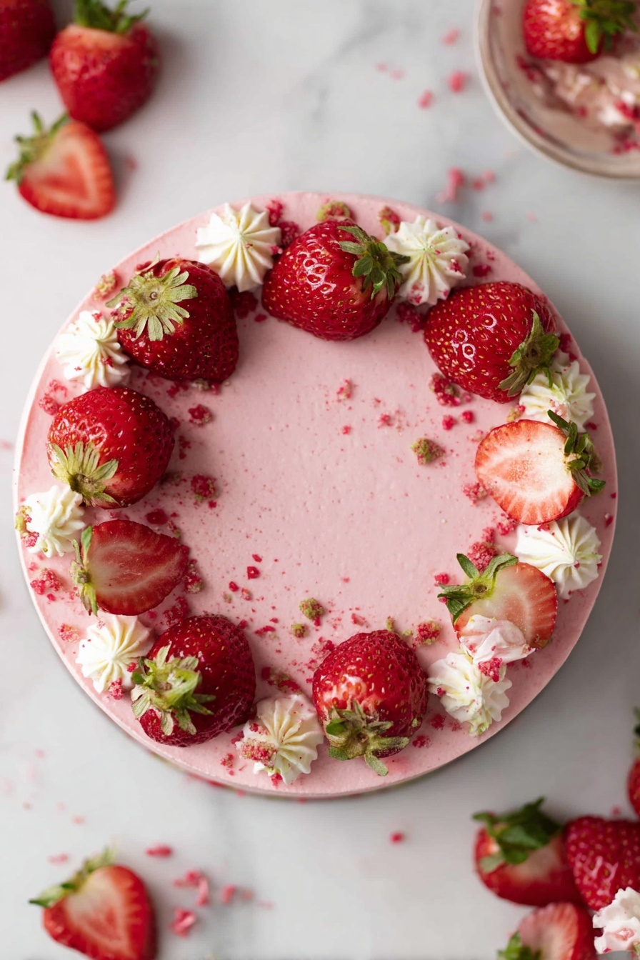 The image shows a thick slice of pink cake with three layers visible: the bottom and top layers are soft, moist, and pink, while the middle layer is a dark red jam spread between the cake layers. The cake is frosted with a smooth, light pink icing on the sides and top. The slice sits on a small textured beige plate. There are some fresh strawberries and another piece of the same cake on a scalloped white plate with gold trim in the background. The whole scene is on a white marbled surface. photo taken with an iphone --ar 2:3 --v 7 - Vegan Strawberry Cake, vegan strawberry dessert, easy vegan cake, fruit-based vegan cake, plant-based strawberry treat