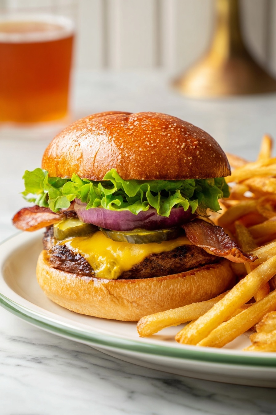 A burger sits on a white plate next to a pile of golden, crispy fries. The burger has a soft, shiny sesame seed bun with a green lettuce leaf just under the top bun. Below the lettuce, there are several green pickles and a thick ring of purple onion. Under the onion, there is a slice of bright yellow cheese melting slightly over a thick, juicy beef patty. A strip of crispy bacon peeks out from under the cheese. The bottom bun is toasted and light brown. The plate is on a white marbled surface with a glass of amber-colored drink blurred in the background. Photo taken with an iphone --ar 2:3 --v 7 - Homemade Hamburger Buns, soft fluffy burger buns, DIY burger buns, bakery-style hamburger buns, easy homemade burger buns