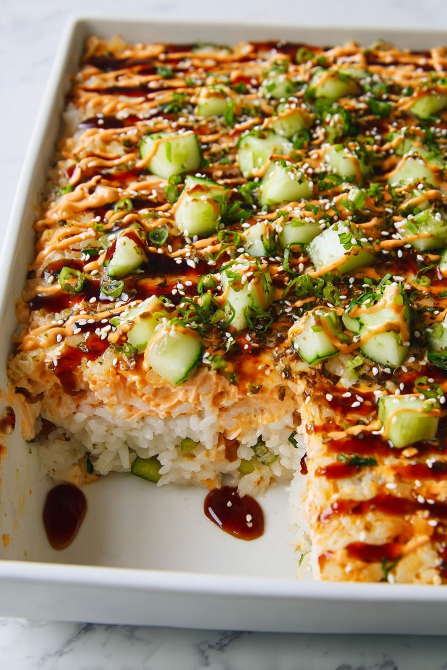 The image shows a white rectangular dish with a multi-layered food inside. The bottom layer is white rice mixed with small green bits. The middle layer appears to be a light orange creamy mixture that looks soft and fluffy. On top, there are evenly spread small cubes of green cucumber and fresh green herbs sprinkled all over. The top is finished with two sauces drizzled in lines: one creamy light orange and the other a dark brown shiny sauce. Some sesame seeds or small white seeds are scattered over the top. A section of the dish has been scooped out, showing the layers clearly against a white marbled surface. photo taken with an iphone --ar 2:3 --v 7 - Spicy Crab Sushi Bake, seafood casserole with crab and spicy flavors, easy sushi bake recipe, crab and spicy seafood casserole, quick sushi-inspired dinner