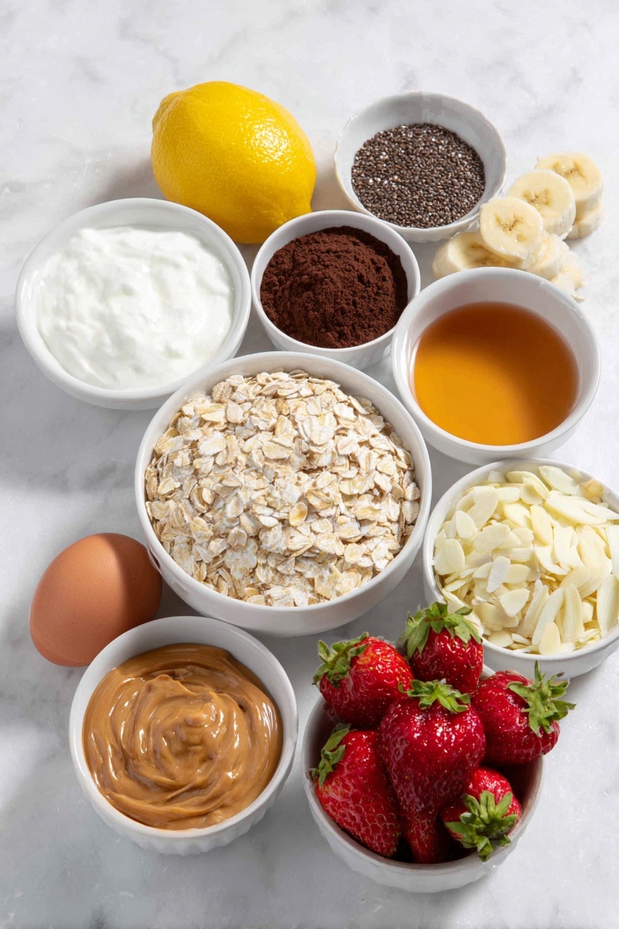 Flat lay of a small white ceramic bowl filled with quick cooking oats, a small white ceramic bowl of chia seeds, a small white ceramic bowl of plain Greek yogurt, a small white ceramic bowl of unsweetened almond milk, a small white ceramic bowl with golden maple syrup, a small white ceramic bowl with smooth creamy peanut butter, a small white ceramic bowl with chopped peanuts, a small white ceramic bowl with mini chocolate chips, a fresh medium banana sliced into rounds, a few fresh medium strawberries sliced, a small white ceramic bowl with chocolate protein powder, a small white ceramic bowl with shredded apple, a small white ceramic bowl with slivered almonds, a small white ceramic bowl of fresh mashed blueberries, a whole lemon with bright yellow zest, a clean whole brown egg, all arranged with perfect symmetry and balanced proportions, placed on a clean white marble surface, soft natural light, photo taken with an iPhone, professional food photography style, fresh ingredients, white ceramic bowls, no bottles, no duplicates, no utensils, no packaging --ar 2:3 --v 7 --p m7354615311229779997 - Healthy Overnight Oats Recipes, Flavor Varieties, nutritious breakfast ideas, easy overnight oats, healthy breakfast options