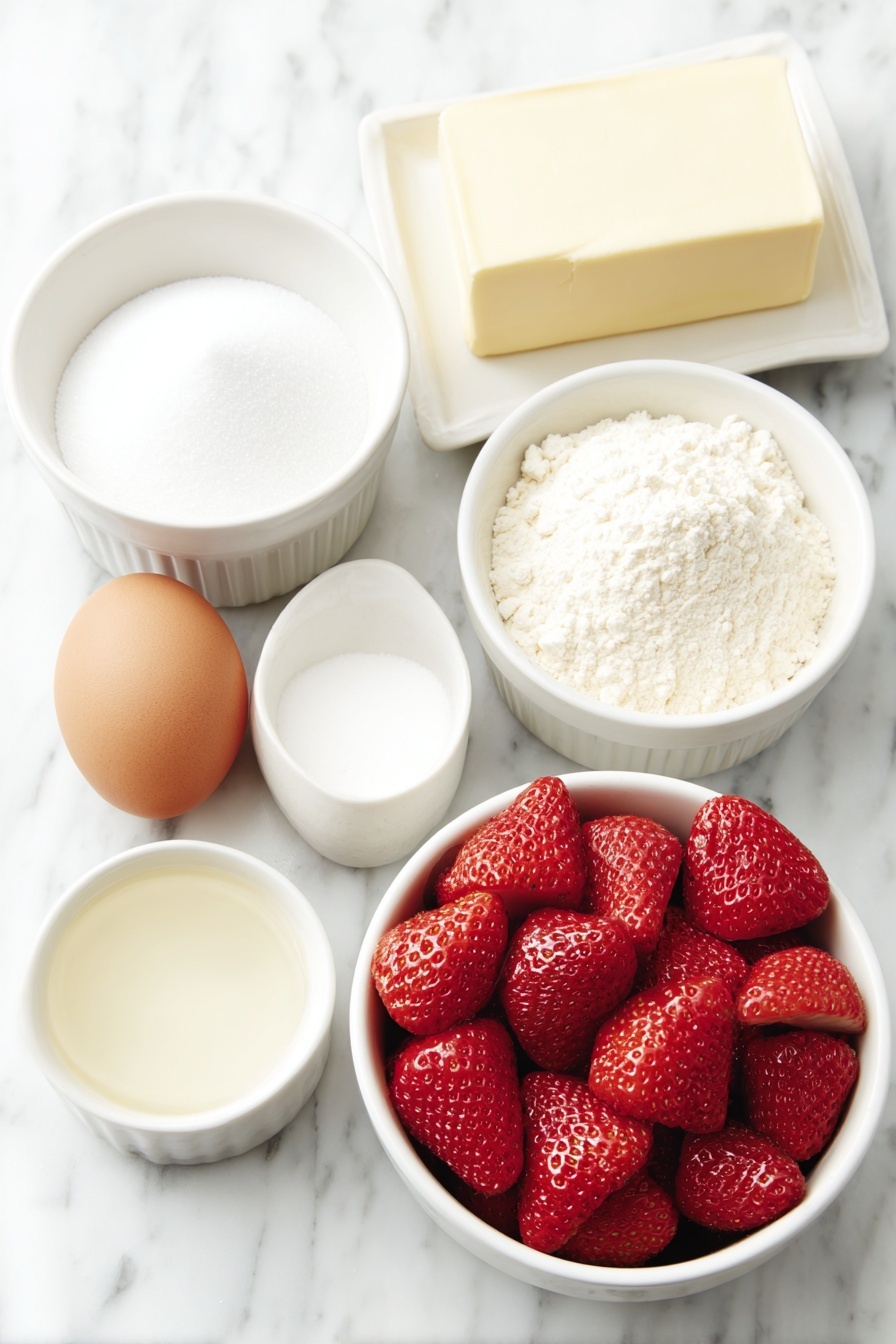 Flat lay of a small mound of white granulated sugar, a small pile of all-purpose flour, a small white bowl with baking powder, a small white bowl with salt, a cold block of pale yellow butter, one whole clean uncracked egg, a small white bowl of clear vanilla extract, a simple white ceramic bowl filled with bright red chopped fresh strawberries, a small white bowl with cornstarch placed neatly beside each other in perfect symmetry, all placed on a clean white marble surface, soft natural light, photo taken with an iPhone, professional food photography style, fresh ingredients, white ceramic bowls, no bottles, no duplicates, no utensils, no packaging --ar 2:3 --v 7 --p m7354615311229779997 - Strawberry Crumb Bars, strawberry crumb bar recipe, easy strawberry dessert, fresh strawberry bars, fruity crumb dessert