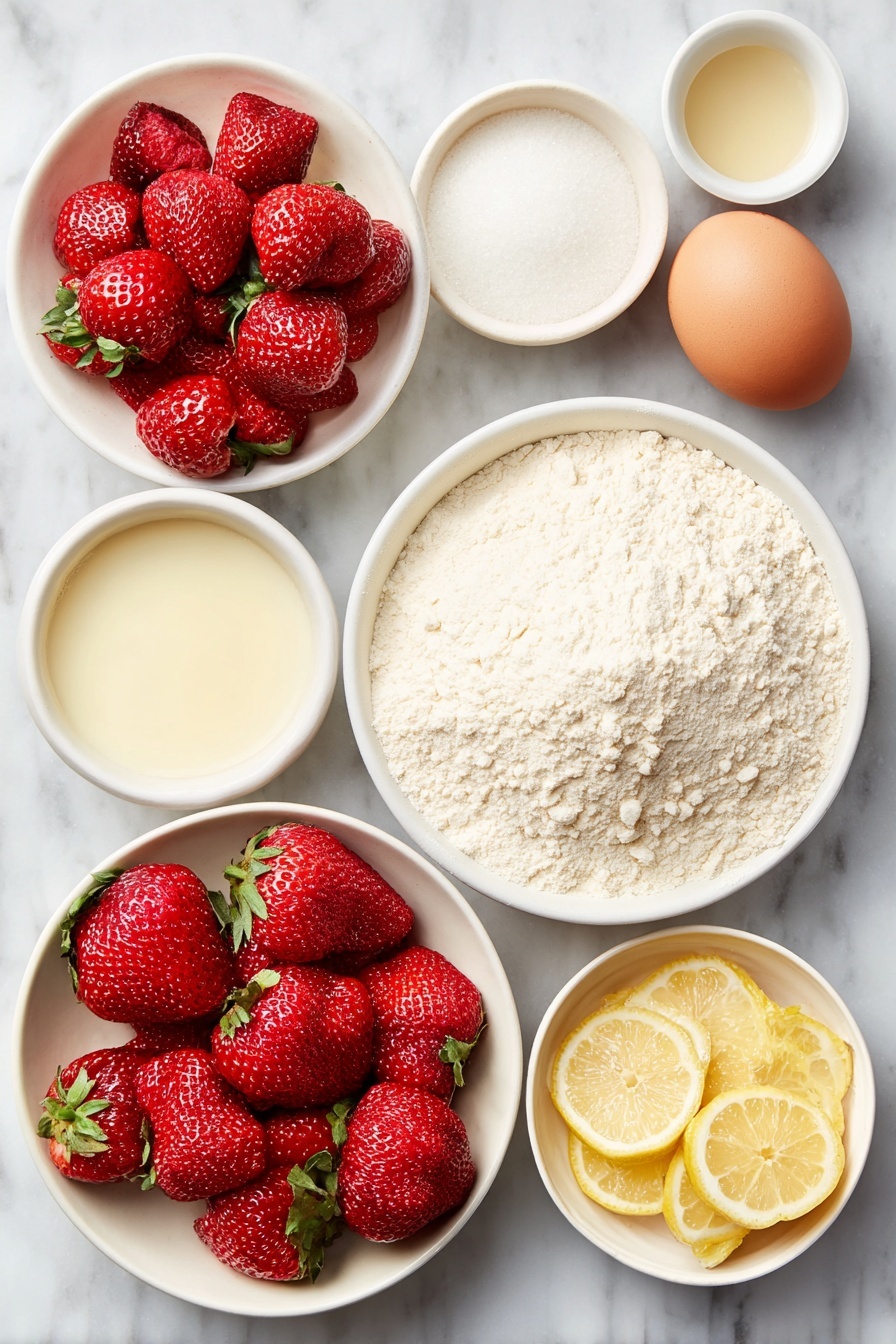 Flat lay of a small mound of all-purpose flour on a simple white ceramic plate, a small white bowl filled with granulated sugar, a few scattered fresh baking soda crystals, a pinch of salt on a second small white bowl, about ten medium fresh strawberries hulled and chopped on a white ceramic dish, a small white bowl with fresh milk, a small white bowl containing melted unsalted butter, one large whole uncracked brown egg, a small white bowl with clear vanilla extract, a halved lemon next to a small white bowl holding freshly squeezed lemon juice, lemon zest arranged neatly on a white ceramic plate, another small white bowl with granulated sugar for glaze, and a small white bowl with warm water, all ingredients arranged symmetrically and balanced, placed on a clean white marble surface, soft natural light, photo taken with an iPhone, professional food photography style, fresh ingredients, white ceramic bowls, no bottles, no duplicates, no utensils, no packaging --ar 2:3 --v 7 --p m7354615311229779997 - Strawberry Lemonade Bread, strawberry lemonade dessert, summer quick bread, easy fruit bread, fresh strawberry lemon treat