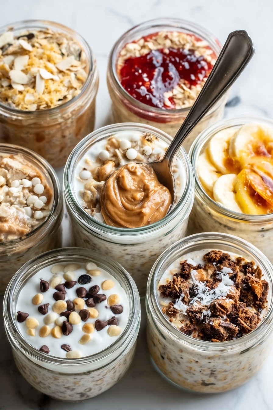 The image shows seven small glass jars filled with layered oatmeal, each topped differently. One jar has white oatmeal with a dollop of brown peanut butter and chocolate chips sprinkled on top, with small beige nut pieces. Another jar has oatmeal topped with small white round pieces and a few dark brown coffee beans. One jar features oatmeal topped with a thick white cream and a reddish jam. There is also a jar filled with oatmeal topped with oatmeal and thin pieces of yellow and red fruit or vegetable. Another jar is topped with sliced banana and a light dusting of white powder. One more jar shows oatmeal with crumbled dark brown pieces on top. The jars are arranged closely on a white marbled surface with a spoon resting inside the jar with peanut butter and chocolate chips. Photo taken with an iphone --ar 2:3 --v 7 - Healthy Overnight Oats Recipes, Flavor Varieties, nutritious breakfast ideas, easy overnight oats, healthy breakfast options