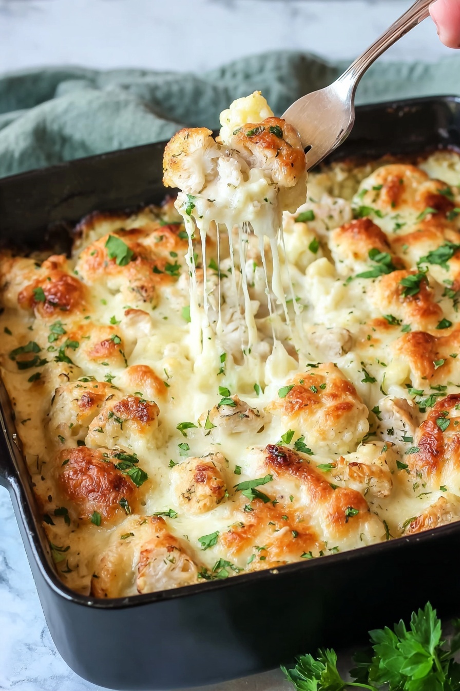 The image shows a black baking dish filled with a creamy, baked chicken and cauliflower casserole. The top layer is melted cheese, golden and slightly brown in spots, with chunks of tender chicken and cauliflower pieces peeking through. Fresh chopped herbs are sprinkled on top, adding a touch of green. A woman's hand holding a fork lifts a piece of chicken with cheese stretching from the dish, showing the creamy texture underneath. The dish is placed on a white marbled surface with a bit of green parsley visible near the bottom edge of the frame. Photo taken with an iphone --ar 2:3 --v 7 - Keto Chicken Alfredo Casserole, Low-Carb Chicken Alfredo Bake, Keto Alfredo Casserole Recipe, Keto Chicken Casserole with Cauliflower, Creamy Keto Chicken Bake
