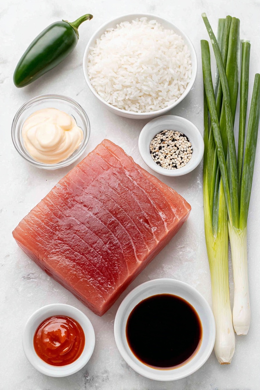Flat lay of a small mound of glossy white sushi rice, a small white bowl of clear rice vinegar, a small white bowl of granulated sugar, a small white bowl of kosher salt, a small white bowl of neutral cooking oil, a fresh raw block of sushi-grade ahi tuna with deep red color, three slender green scallions with white bases, one whole green jalapeño sliced to show seeds, a small white bowl of creamy pale Kewpie mayonnaise, a small white bowl of bright red Sriracha sauce, a small white bowl of dark brown ponzu sauce, and a small white dish sprinkled with black sesame seeds, all arranged with perfect symmetry on a clean white marble surface, soft natural light, photo taken with an iPhone, professional food photography style, fresh ingredients, white ceramic bowls, no bottles, no duplicates, no utensils, no packaging --ar 2:3 --v 7 --p m7354615311229779997 - Spicy Tuna Crispy Rice Bites, spicy tuna appetizer, crispy rice bites, sushi-inspired snacks, easy Asian appetizer