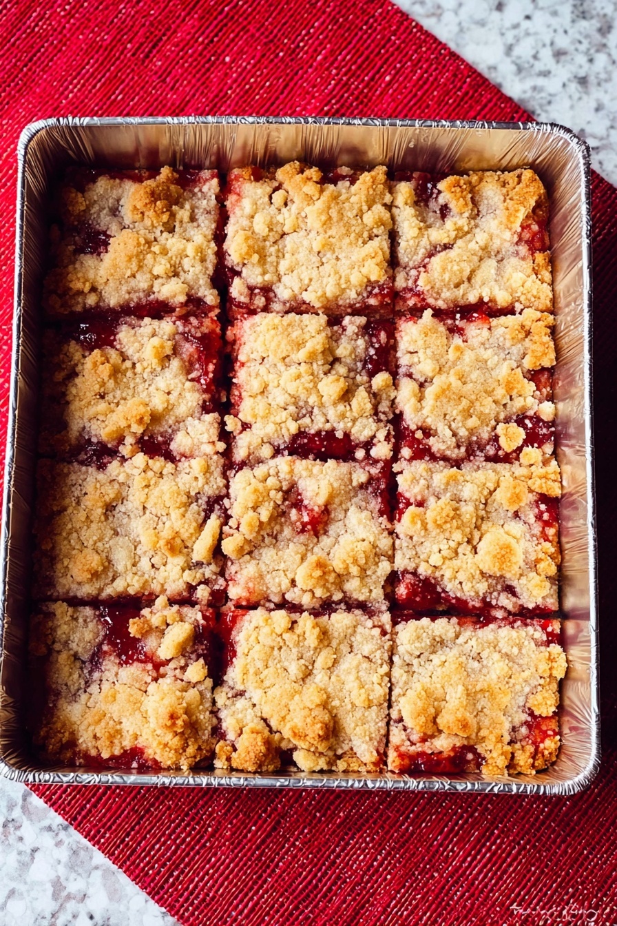 The image shows a square aluminum tray filled with a layered dessert, cut into twelve square pieces. The top layer is golden and crumbly with a slightly uneven texture, resembling streusel. Below the top layer, a red jam-like filling peeks through in multiple spots, adding contrast to the light crumbs. The edges of the dessert have a baked, slightly browned crust. The tray is placed on a white marbled surface with a red woven cloth underneath. photo taken with an iphone --ar 2:3 --v 7 - Strawberry Crumb Bars, strawberry crumb bar recipe, easy strawberry dessert, fresh strawberry bars, fruity crumb dessert