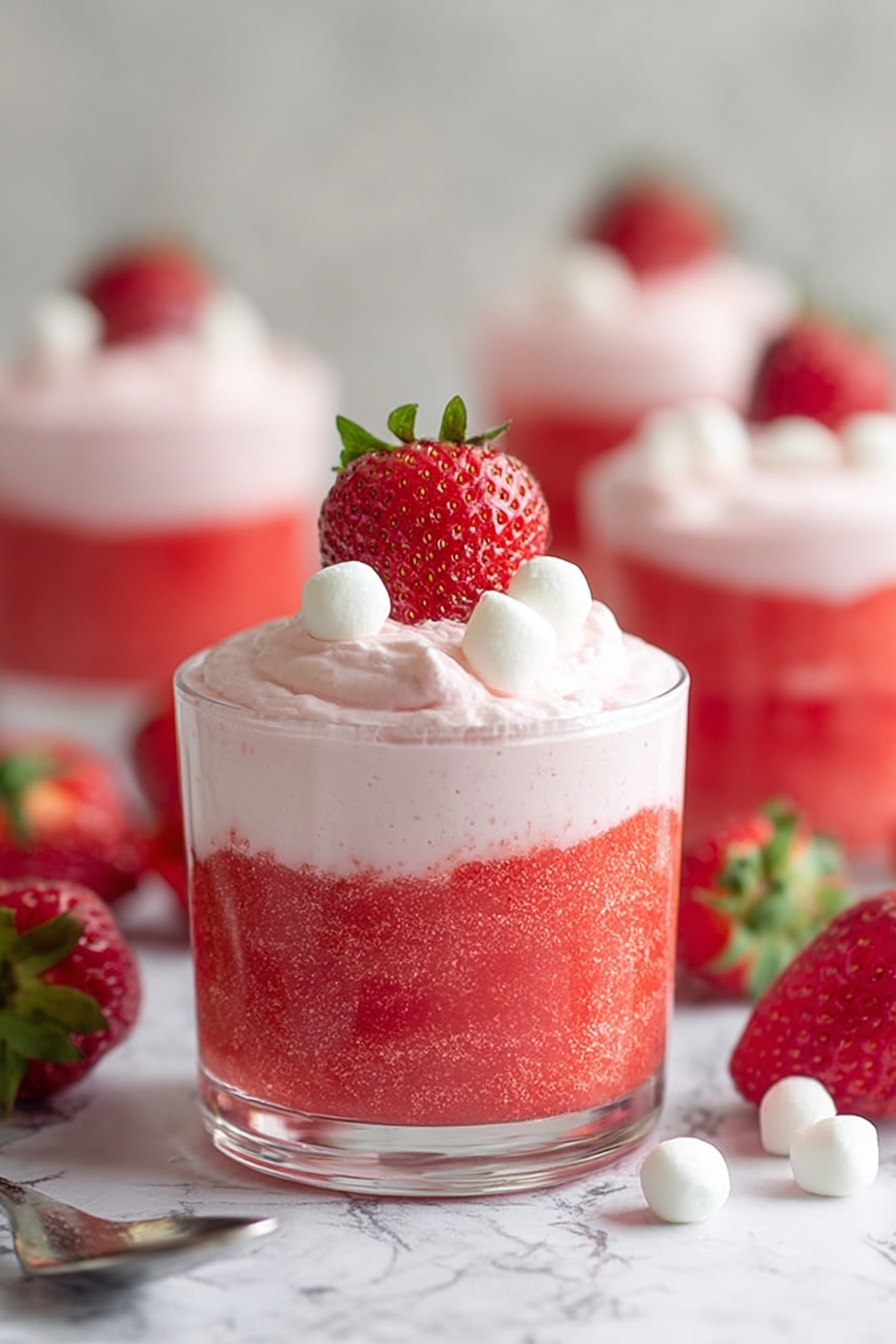 There are four clear glass cups filled with two layers of dessert: the bottom layer is a bright red strawberry sauce with a slightly chunky texture, and the top layer is a thick, light pink whipped strawberry cream with a soft, fluffy texture. Each cup is topped with a fresh whole red strawberry and two small white marshmallows. Around the cups, there are a few fresh strawberries with green leaves lying on a white marbled surface. In the background, there is a blurry pale gray wall. Photo taken with an iphone --ar 2:3 --v 7 - Fresh Strawberry Mousse, strawberry mousse dessert, easy strawberry mousse, quick fruit mousse, homemade strawberry mousse