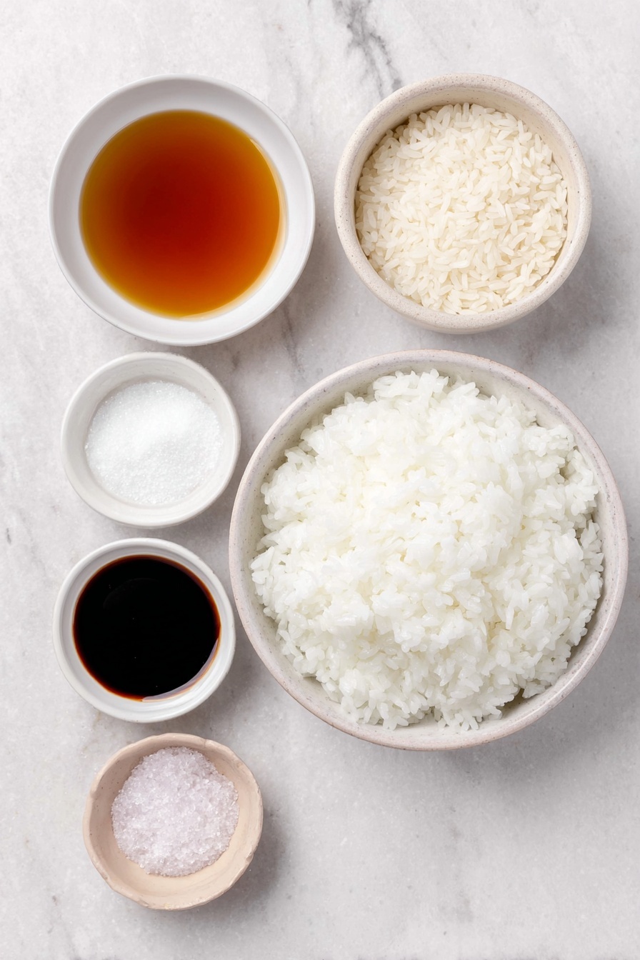 Flat lay of a neat mound of glossy sushi rice in a simple white ceramic bowl, a small white bowl with clear rice vinegar, a small white bowl with sparkling white granulated sugar, a small white bowl with fine white salt crystals, and a simple white ceramic bowl filled with fresh unwashed sushi rice grains, all arranged symmetrically and naturally fresh, placed on a clean white marble surface, soft natural light, photo taken with an iPhone, professional food photography style, fresh ingredients, white ceramic bowls, no bottles, no duplicates, no utensils, no packaging --ar 2:3 --v 7 --p m7354615311229779997 - Perfect Sushi Rice, sushi rice recipe, homemade sushi rice, sushi rice tutorial, how to make sushi rice