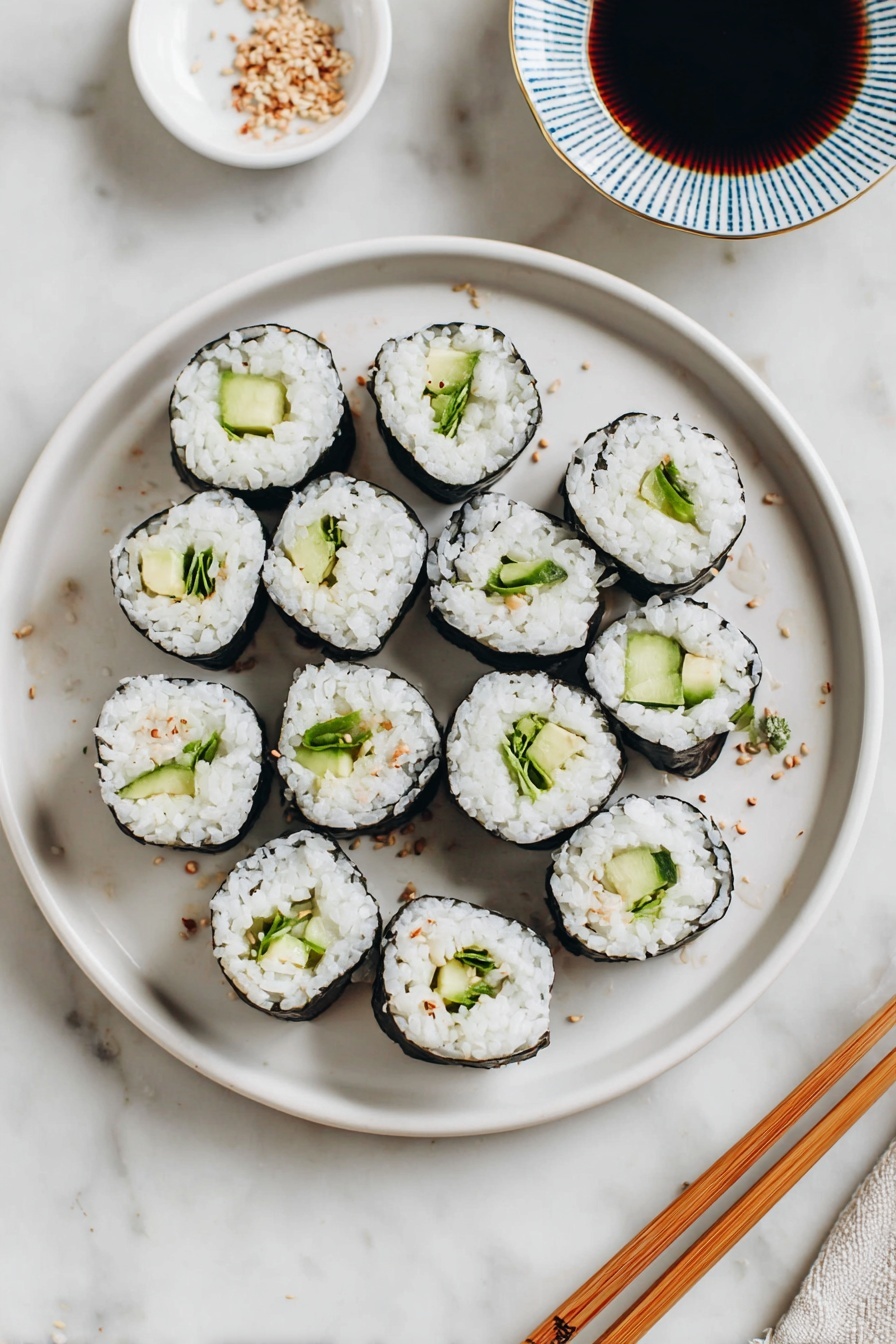 A white round plate is filled with thirteen sushi rolls arranged closely together. Each sushi roll has an outer layer of dark seaweed, a thick white rice layer, and an inner filling made of green cucumber and light green avocado, with some rolls also containing small green leafy vegetables and a sprinkle of light brown sesame seeds on top. The plate rests on a white marbled surface with a pair of wooden chopsticks placed near the bottom right corner and a small white bowl holding dark soy sauce with a blue patterned rim located near the top right. The composition is clean and minimalist with subtle textures. photo taken with an iphone --ar 2:3 --v 7 - Perfect Sushi Rice, sushi rice recipe, homemade sushi rice, sushi rice tutorial, how to make sushi rice