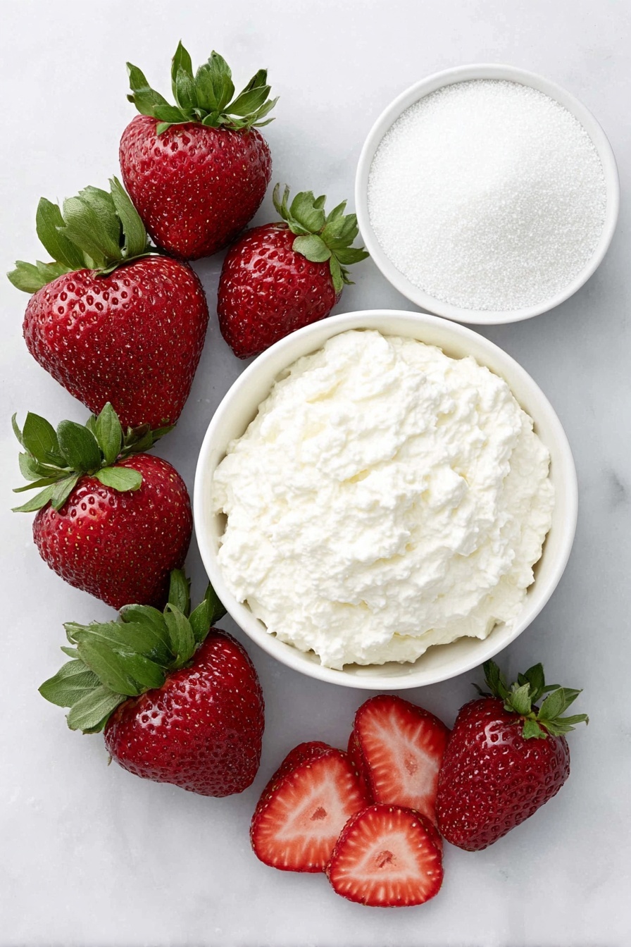 Flat lay of fresh whole strawberries with bright red color and green leaves, a small white ceramic bowl filled with fine granulated sugar, a simple white ceramic bowl containing cold heavy cream with soft peaks, and a few sliced fresh strawberries arranged artistically beside the bowl, placed on a clean white marble surface, soft natural light, photo taken with an iPhone, professional food photography style, fresh ingredients, white ceramic bowls, no bottles, no duplicates, no utensils, no packaging --ar 2:3 --v 7 --p m7354615311229779997 - Fresh Strawberry Mousse, strawberry mousse dessert, easy strawberry mousse, quick fruit mousse, homemade strawberry mousse
