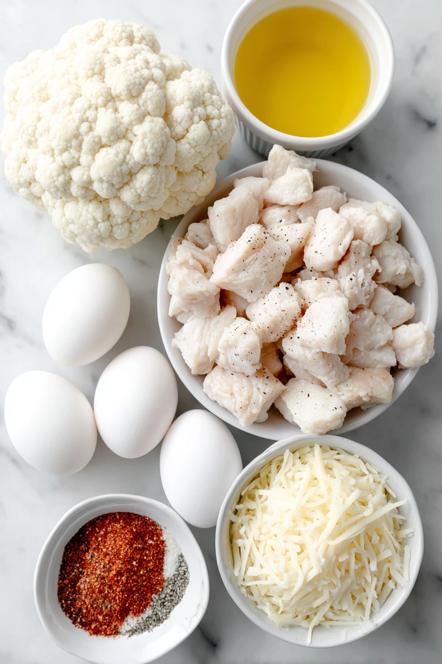 Flat lay of fresh bite-size cauliflower florets, raw skinless chicken breast cut into cubes sprinkled with onion powder, garlic powder, salt, and black pepper, a few whole white eggs with clean shells, small white ceramic bowls with creamy keto Alfredo sauce and golden olive oil, shredded mozzarella cheese in a white ceramic bowl, all arranged symmetrically and proportionally on a clean white marble surface, soft natural light, photo taken with an iPhone, professional food photography style, fresh ingredients, white ceramic bowls, no bottles, no duplicates, no utensils, no packaging --ar 2:3 --v 7 --p m7354615311229779997 - Keto Chicken Alfredo Casserole, Low-Carb Chicken Alfredo Bake, Keto Alfredo Casserole Recipe, Keto Chicken Casserole with Cauliflower, Creamy Keto Chicken Bake